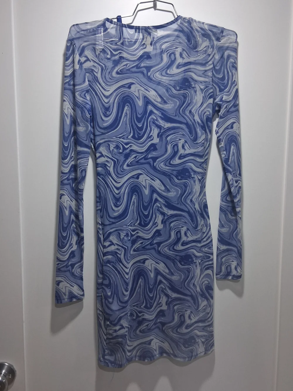 Forever 21 Blue and White Swirl Long Sleeve Mesh Bodycon Dress Small